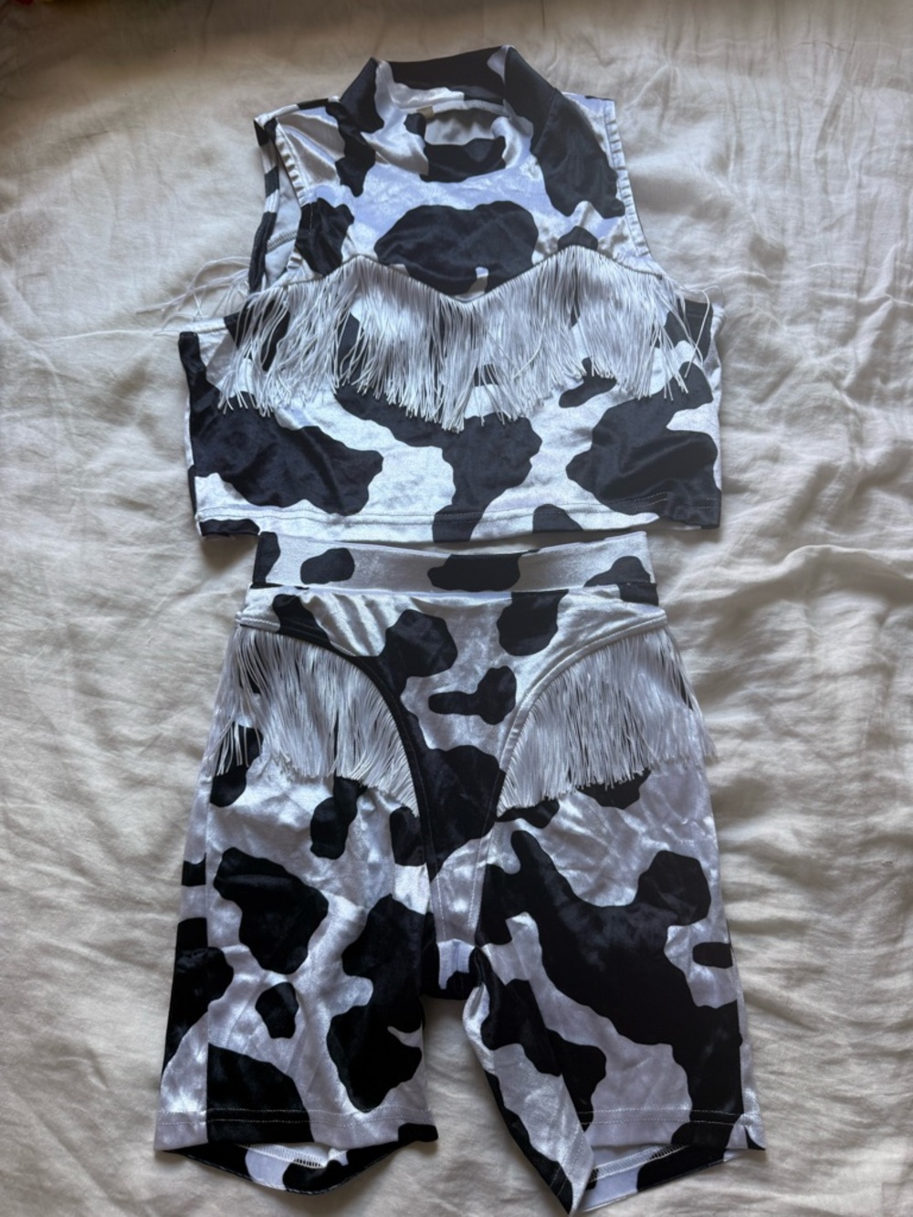 Fashion Brand Company Black & White Cow Print Fringe Crop Top and Shorts Set